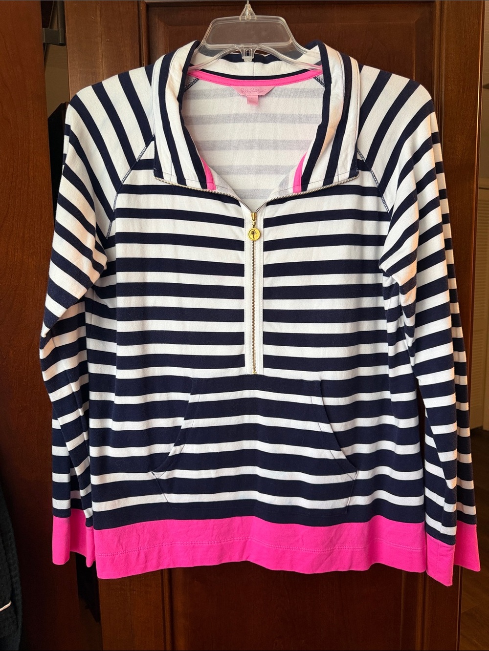 Lilly Pulitzer Navy & White Striped Half-Zip Sweater with Pink Trim